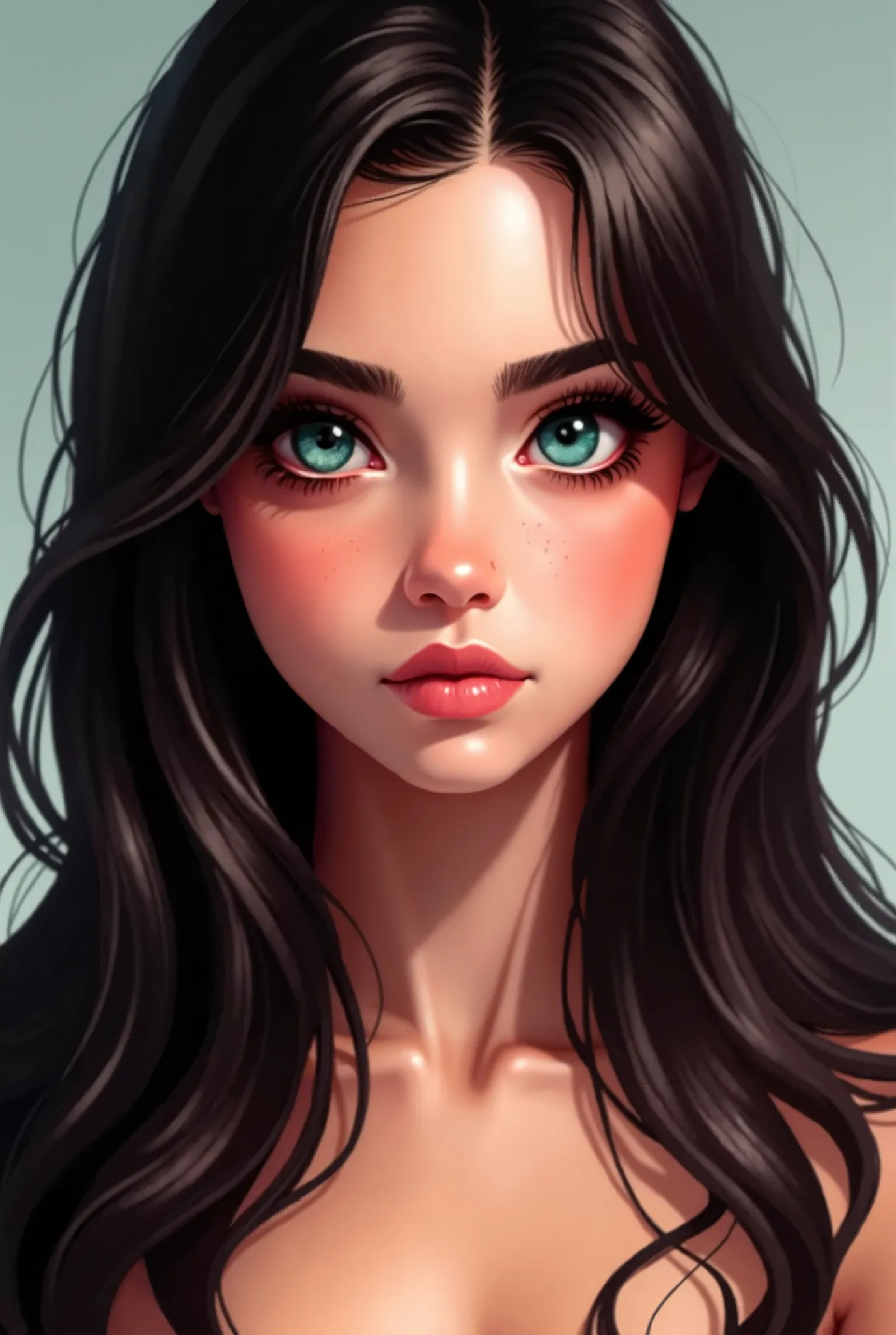The image is a digital illustration that depicts a beautiful young girl with long dark hair. She has expressive turquoise almond-shaped eyes. Expressive makeup. Black eyeliner. Dark eyebrows. The lips of a natural shade are slightly parted. An indifferent ...