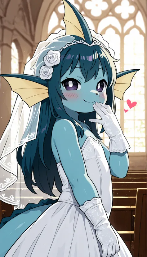 vaporeon,pokemon,furry,anthro,solo,best quality,best resolution,(young :1.6),long hair,(choppy bangs :1.3),flat chest,wedding dress,wedding veil,(wedding glove :1.2),church,romantic light,(heart expression),looking at viewer,blush,passionated face,smile,st...