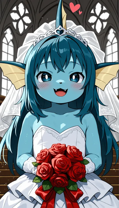 vaporeon,pokemon,furry,anthro,solo,best quality,best resolution,(young :1.6),long hair,(choppy bangs :1.3),blue eyes,flat chest,wedding dress,wedding veil,(wedding glove :1.2),church,romantic light,(heart expression),looking at viewer,blush,passionated fac...