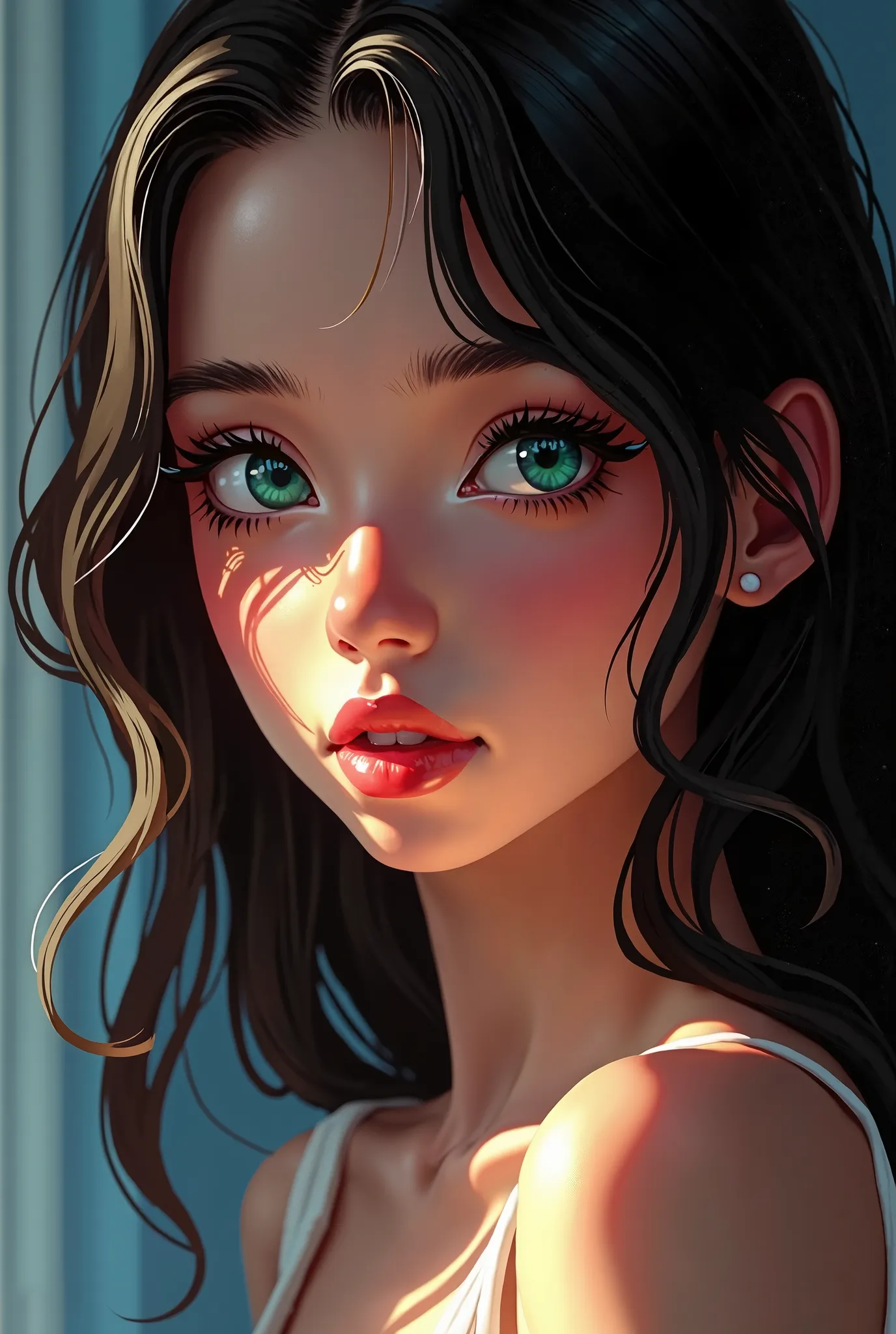 The image is a digital illustration that depicts a beautiful young girl with long dark hair. She has expressive turquoise almond-shaped eyes. Expressive makeup. Black eyeliner. Dark eyebrows. The lips of a natural shade are slightly parted. An indifferent ...