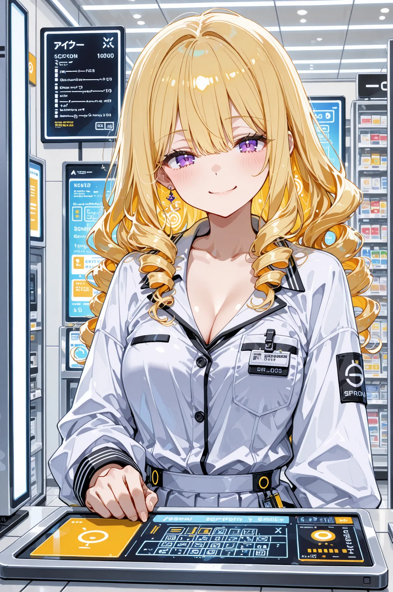 masterpiece, anime artwork, score_9_up, score_8_up, beautiful 20-year-old Japanese woman with curious anime features, satisfied discovery smile showing electronics shopping success, from an angle highlighting electronics store atmosphere during appliance c...