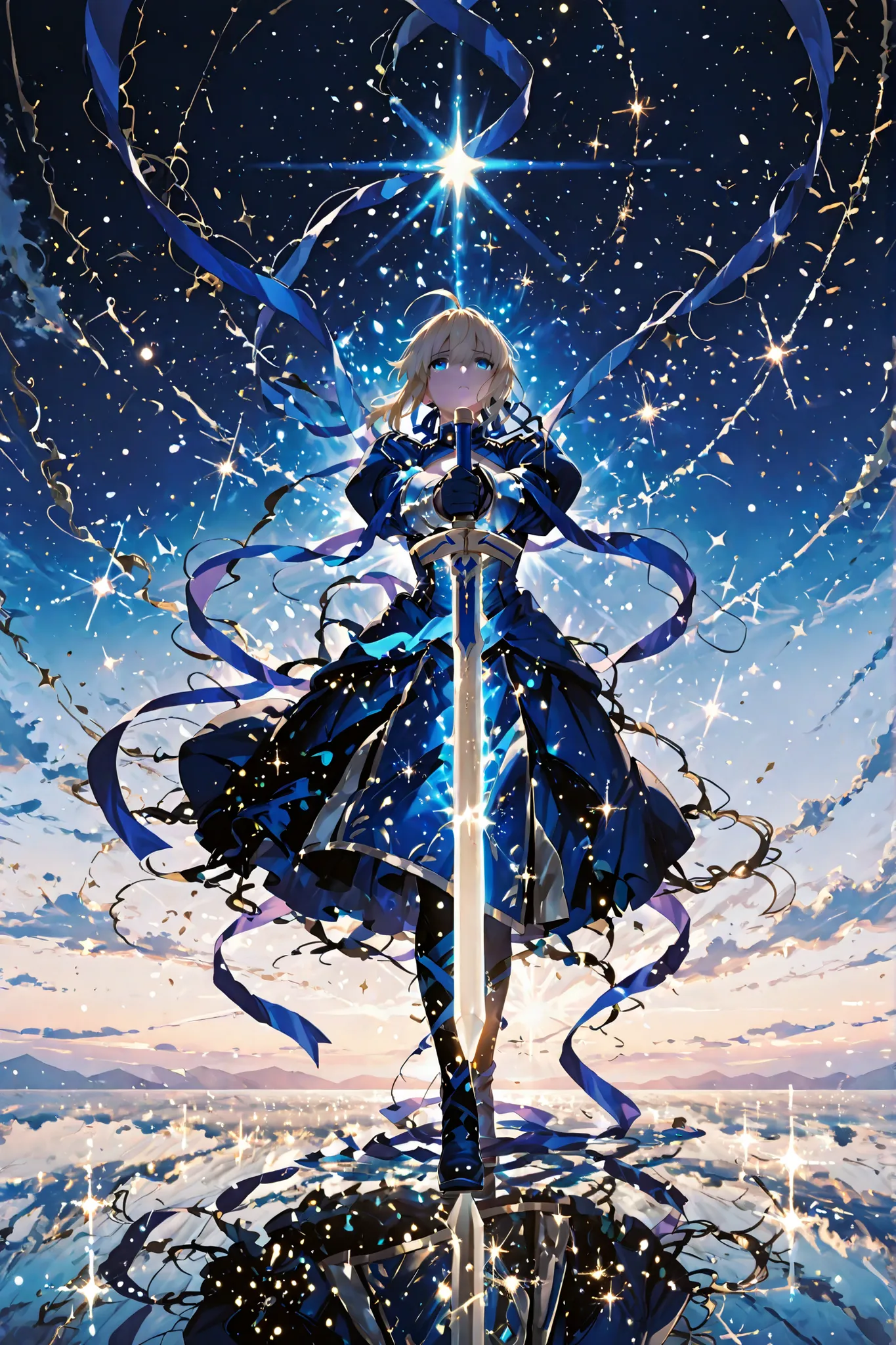 A woman holding a sword in the sky、artoria pendragon (fate), Unraveled ribbon、looking up at the sky、Full Body、glowing_effect, sparkling, particles, sparkle_effect, light_particles,light_reflection