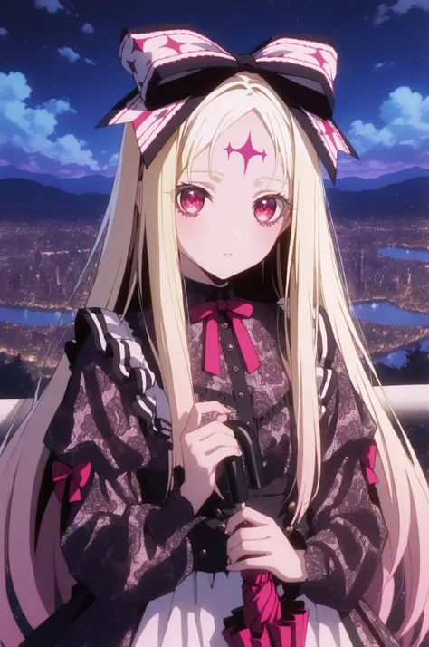 nero alice, long hair, blonde hair, red eyes, bow, hair bow, pink eyes, facial mark, forehead mark, In Hand Holding Umbrella big white with black patterns lush, flying over Beautiful City, night sky, beautiful stars, Sparkling city, view of Beautiful River...