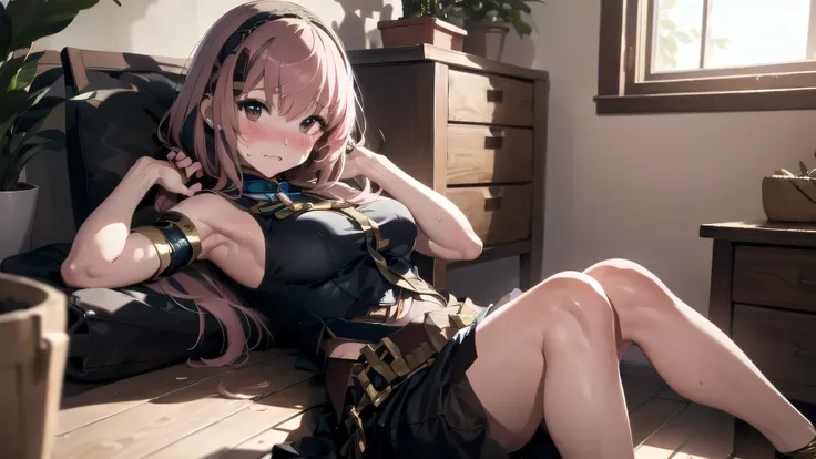 (masterpiece,Best Composition,Depressed Illumination,top quality,Super Detailed),best shadows,Rim lighting,perfect composition,view from side below,(solo,Megurine Luka:1.5),glamorous body,pink long Hair,beautiful big eyes,look at here,shy,(Blushing,Sweatin...