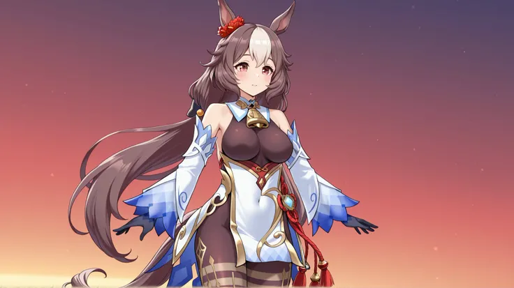 yamanin zephyr（Uma Musume）, Uma Musume, solo, [top quality], [Super beautiful CG], [Highly Detailed CG], [Super Detailed], [CG illustration], [high resolution], [extremely delicate and beautiful],  very detailed skin, Medium Breasts,  genshin ganyu cosplay...