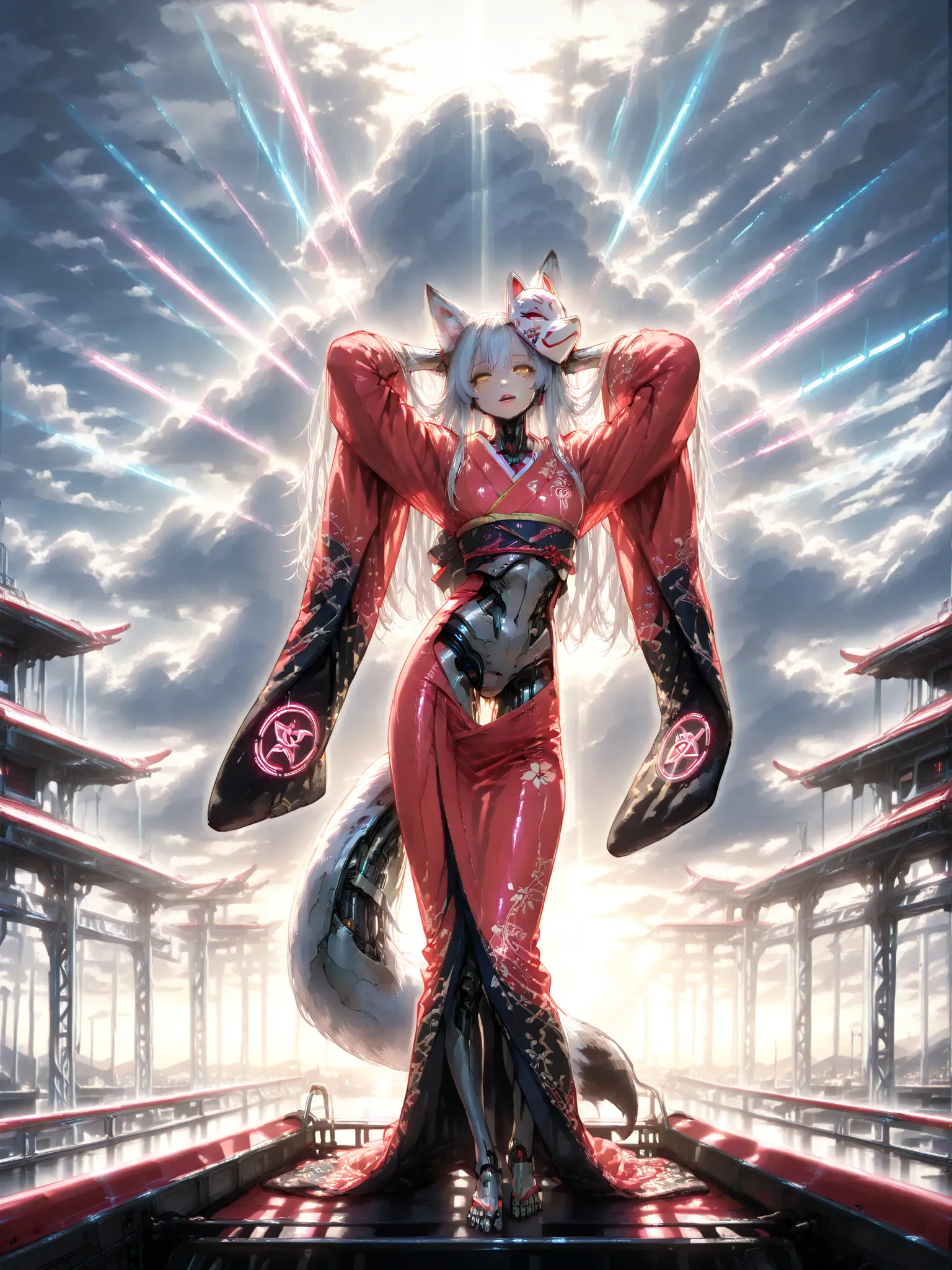 Cyborg fox girl , standing on a glider, cyborg body, wearing a fox mask, rococo patterns,fox tail,redhead, sky, white hair, long hair, animal ears, masterpiece, yellow eyes, narrow, open lips, looks at the viewer, Priestess Kimono, mantra print, outdoor, h...