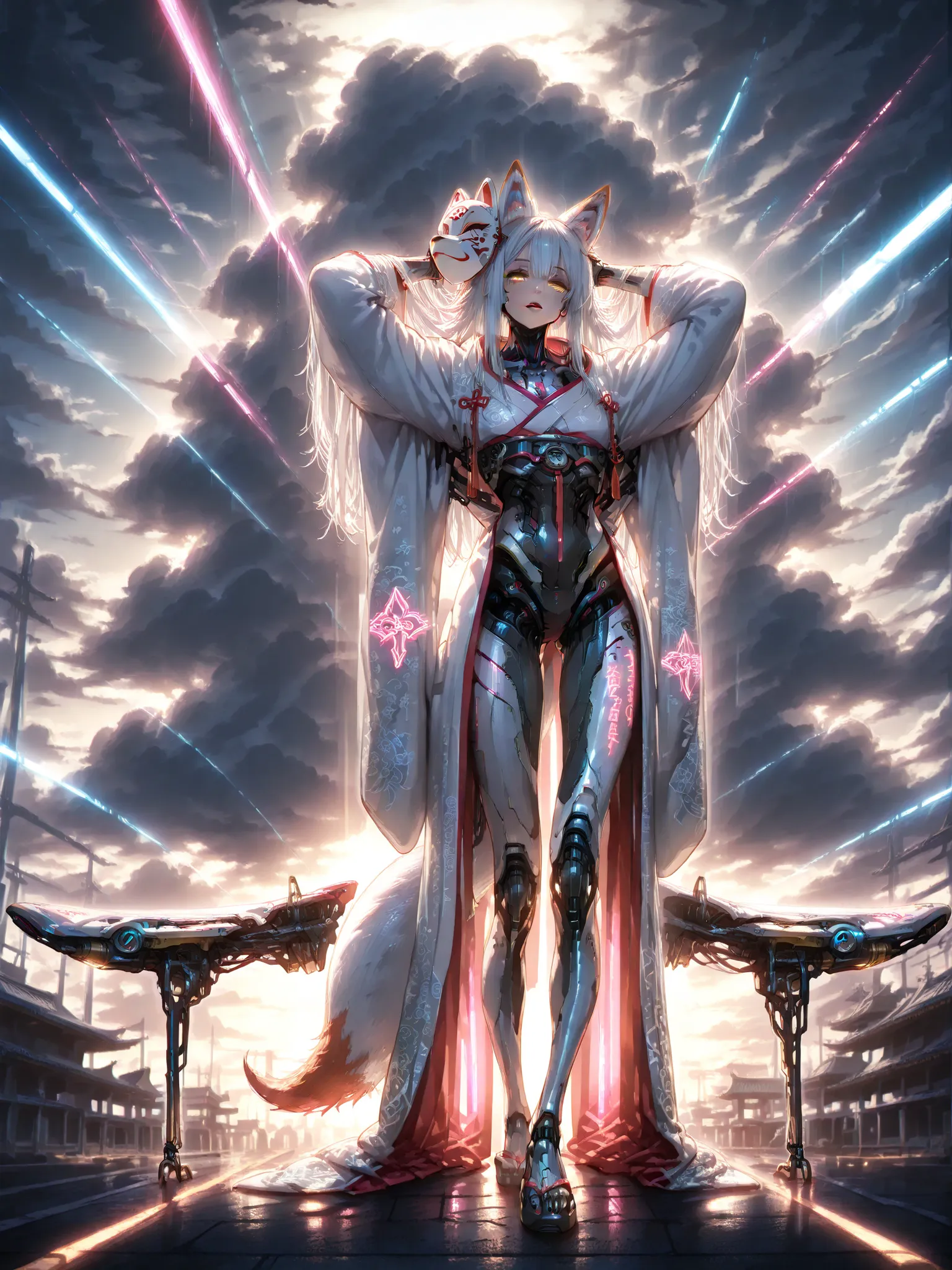 Cyborg fox girl , standing on a glider, cyborg body, wearing a fox mask, rococo patterns,fox tail,redhead, sky, white hair, long hair, animal ears, masterpiece, yellow eyes, narrow, open lips, looks at the viewer, Priestess Kimono, mantra print, outdoor, h...