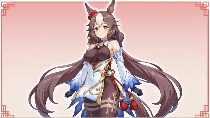 yamanin zephyr（Uma Musume）, Uma Musume, solo, [top quality], [Super beautiful CG], [Highly Detailed CG], [Super Detailed], [CG illustration], [high resolution], [extremely delicate and beautiful],  very detailed skin, Medium Breasts,  genshin ganyu cosplay...