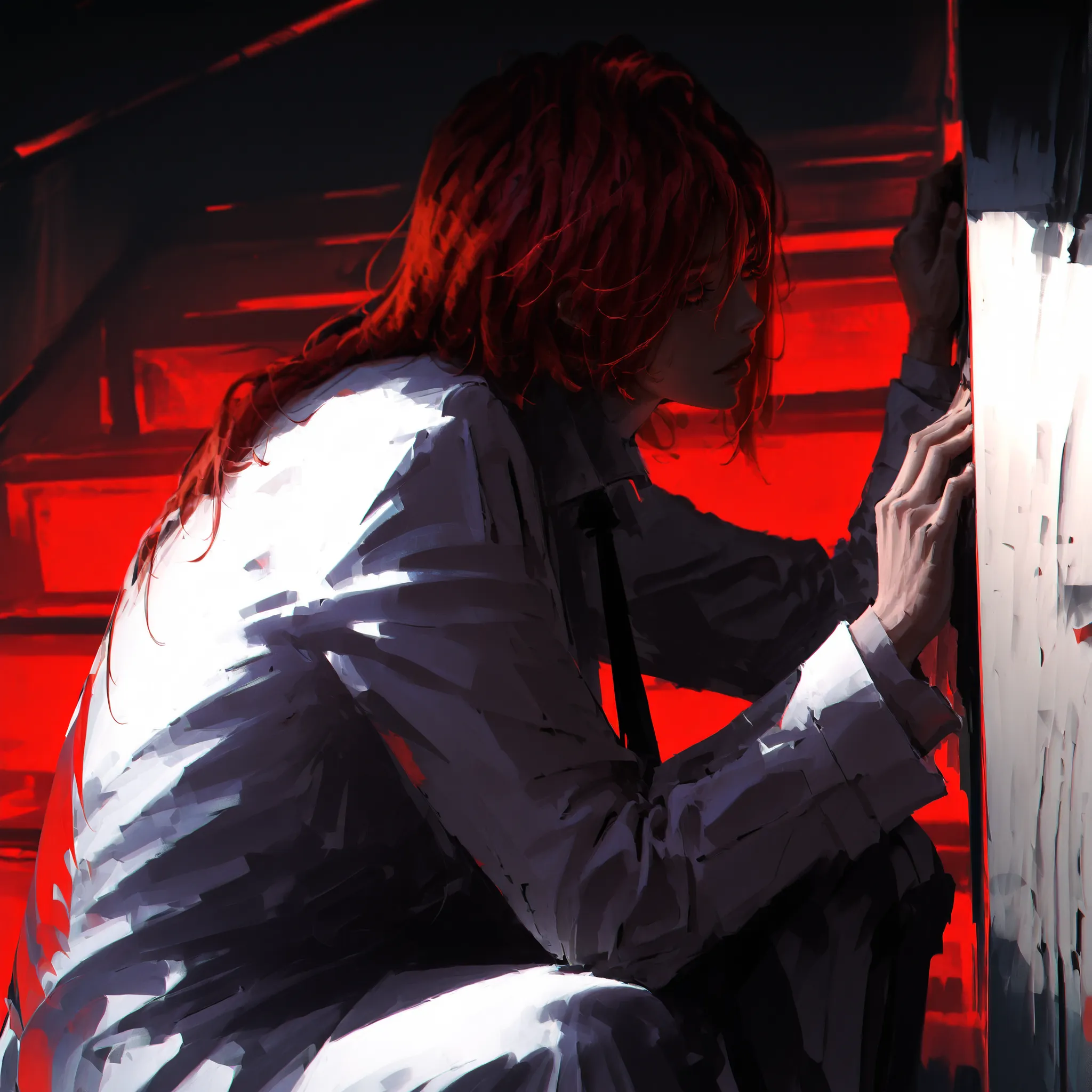 artist: wlop, masterpiece, best quality, illustration, young man with red hair wearing a white suit,