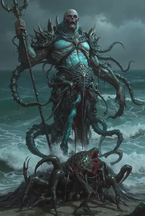 neon colored, (photos realistic:1.7), eldritch goddes of the deep sea, Cthulhu-inspired Poseidon, muscular humanoid with pallid, water-worn skin, wearing ancient oceanic armor with crustacean motifs, tentacles flowing from waist and back, holding a trident...