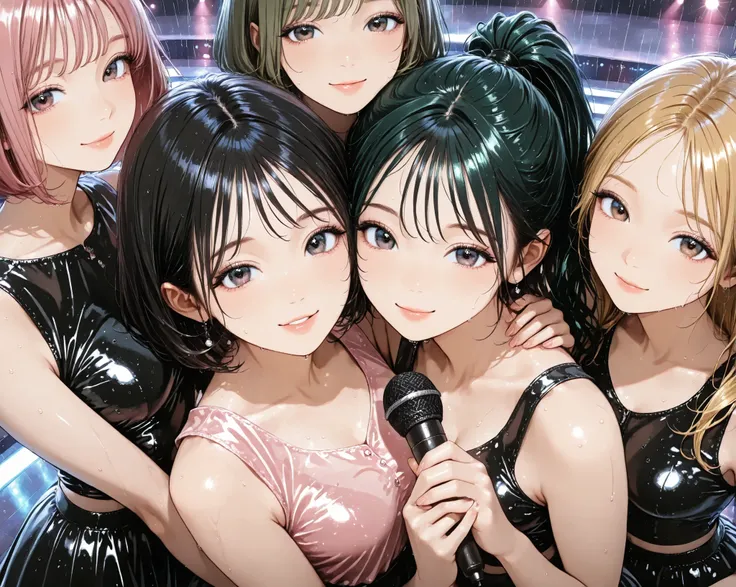 4girls,Close up,(from above),hold hand, hug each other tight ,long hair,high ponytail,short bob hair,looking viewer,black Hair, blond hair,green hair,pink hair,((glamorous)), black belly button tank top,mini black skirt, clear makeup, sing with a microphon...