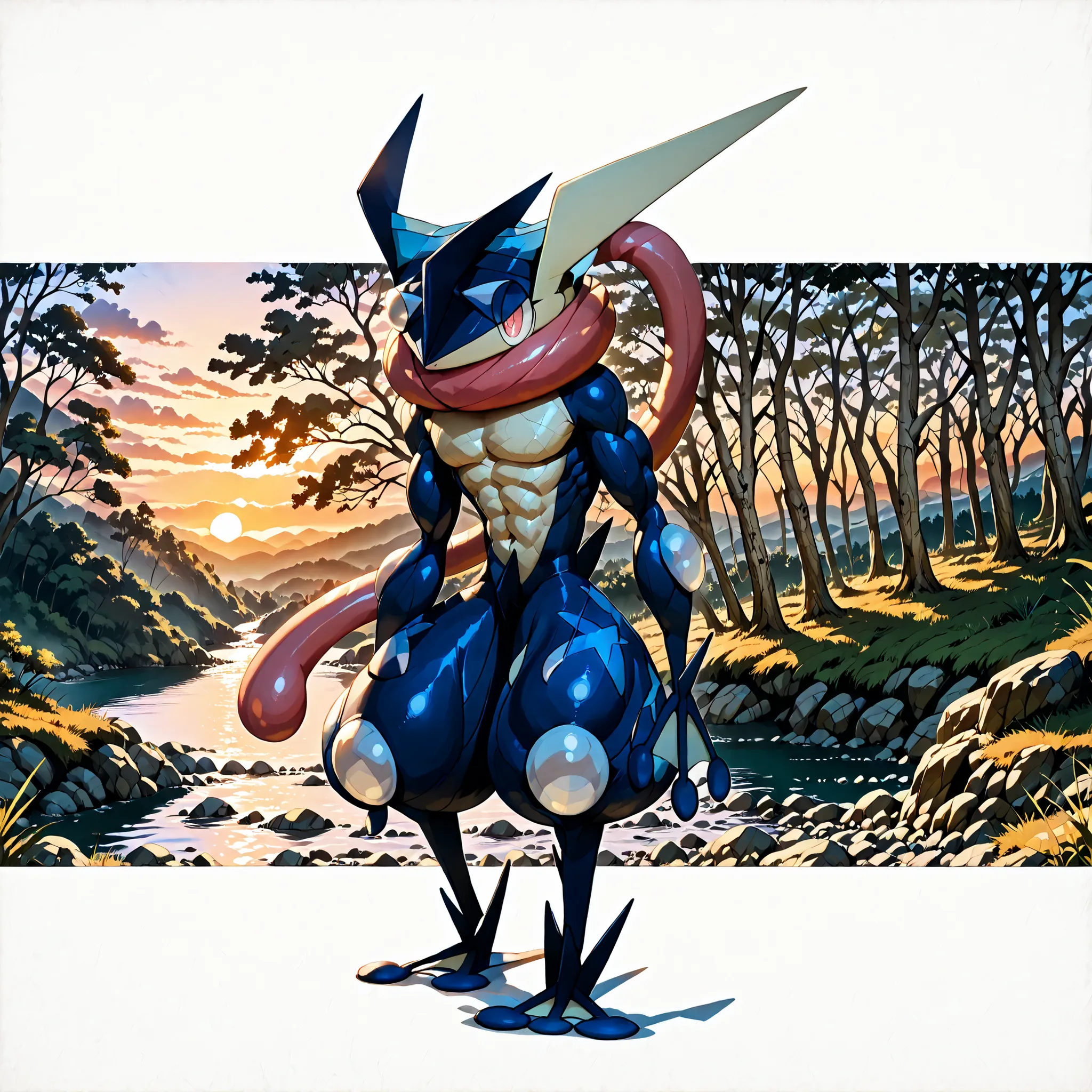 solo, full body, from front, standing, BREAK (Greninja(Pokémon)), Pokémon(creature), greninja_default, BREAK big eyes, round eyes, slant eyes, clear and beautiful eyes, reddish pink eyes, looking at viewer, smile, BREAK Huge and strong body of overwhelming...