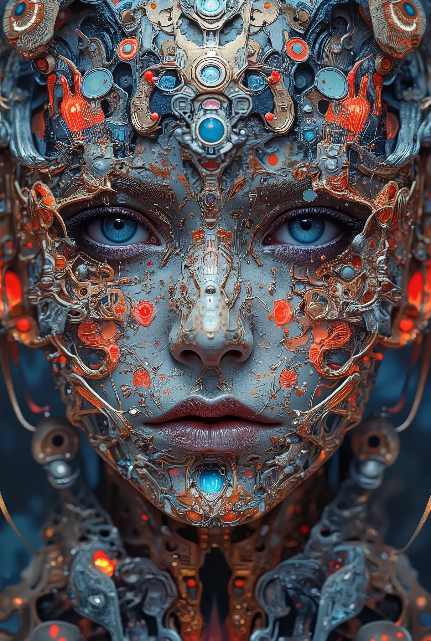 Style by Hans Giger, Alfred Kubin, Cyber Gothic, Close-up of a stunning cyber Gothic priestess,superposition, romanticism, art deco, blank stare, wind, Noise, anxiety, colorful, intricate details, professional photo shoot, bright colors, chiaroscuro painti...