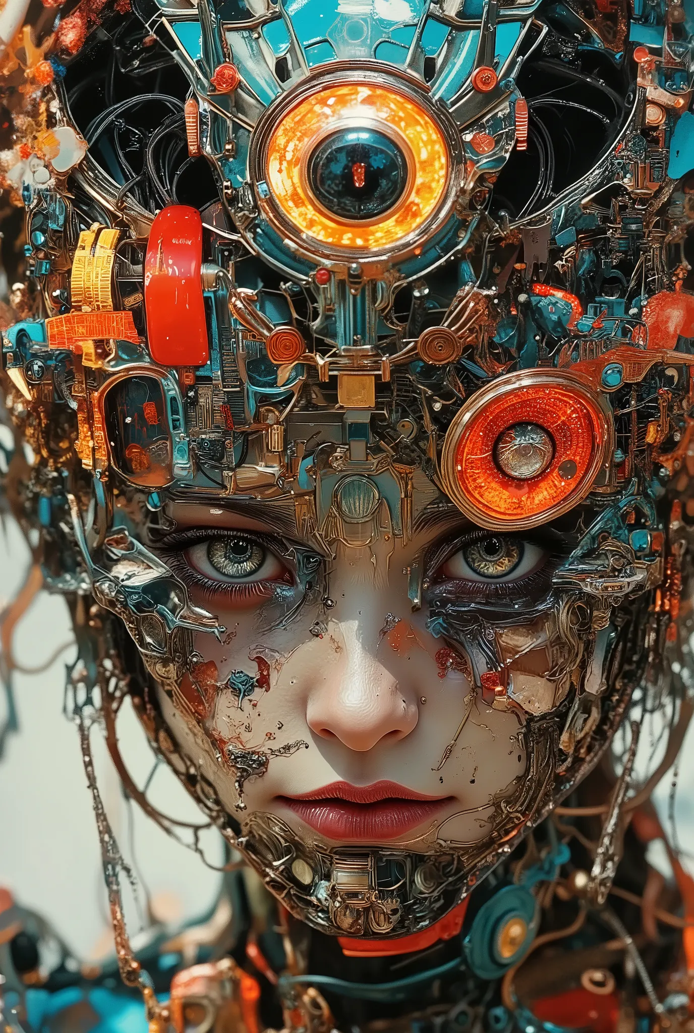 Style by Hans Giger, Alfred Kubin, Cyber Gothic, Close-up of a stunning cyber Gothic priestess,superposition, romanticism, art deco, blank stare, wind, Noise, anxiety, colorful, intricate details, professional photo shoot, bright colors, chiaroscuro painti...
