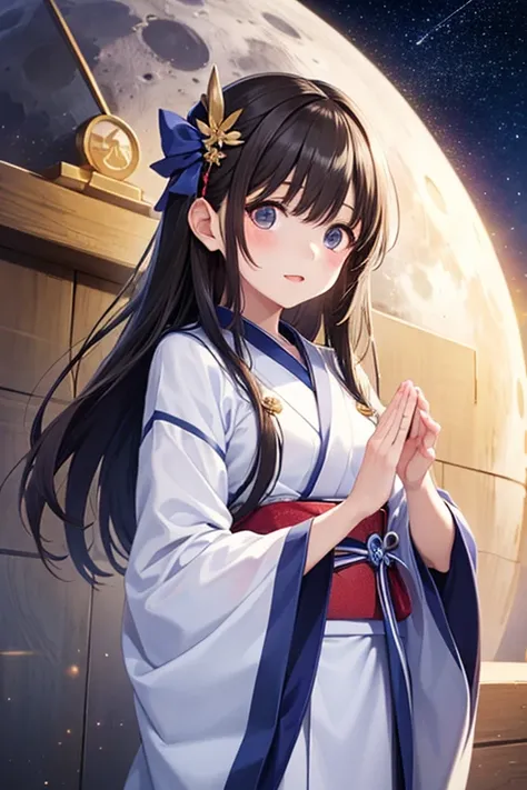 top quality、Anime Style、masterpiece、she is in a transformed child character style、white shrine on the moon、 with the earth in the background 、a shrine girl prays、A pure white space shrine maiden outfit、spacesuit like a kimono、shining constellation pattern on the sleeves、Her hair accessory is a shooting star motif、Under low gravity、sleeves and long hair gently swaying、balances、a shrine girl who floats to protect her、the sky is dark blue、the earth shines blue in the distance、cute ,
,,, 