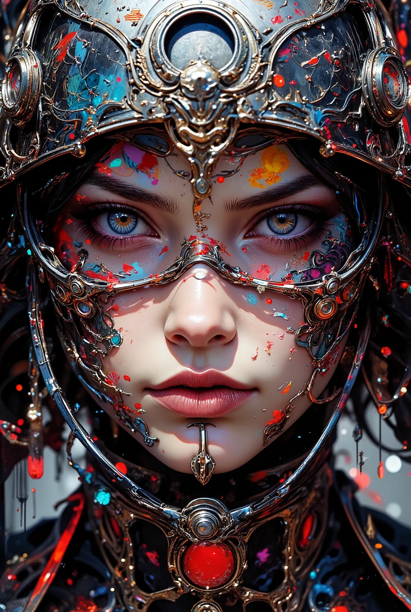 Style by Hans Giger, Alfred Kubin, Cyber Gothic, Close-up of a stunning cyber Gothic priestess,superposition, romanticism, art deco, blank stare, wind, Noise, anxiety, colorful, intricate details, professional photo shoot, bright colors, chiaroscuro painti...