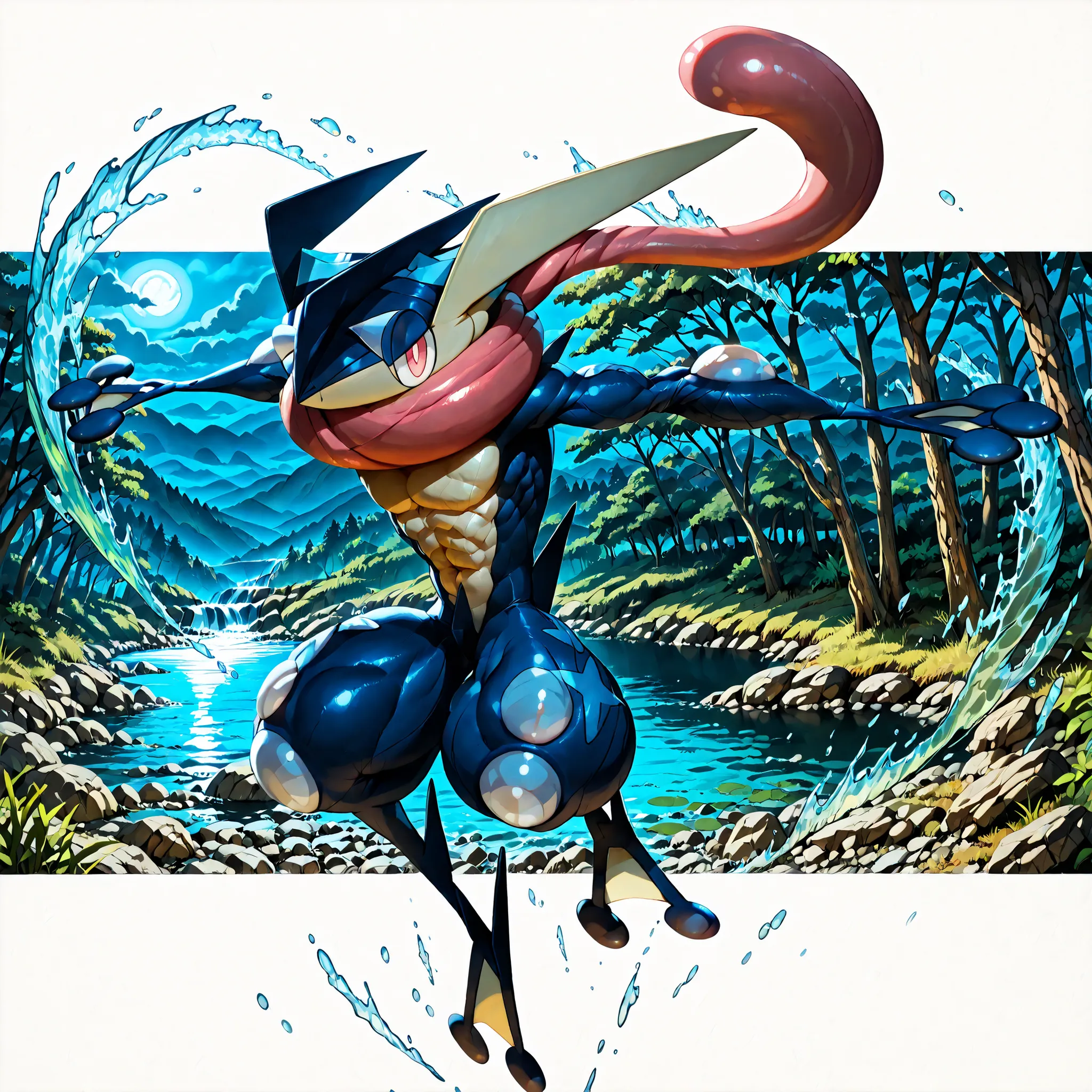 solo, full body, from front, jumping, BREAK (Greninja(Pokémon)), Pokémon(creature), greninja_default, BREAK big eyes, round eyes, slant eyes, clear and beautiful eyes, reddish pink eyes, looking at viewer, smile, BREAK Huge and strong body of overwhelming ...