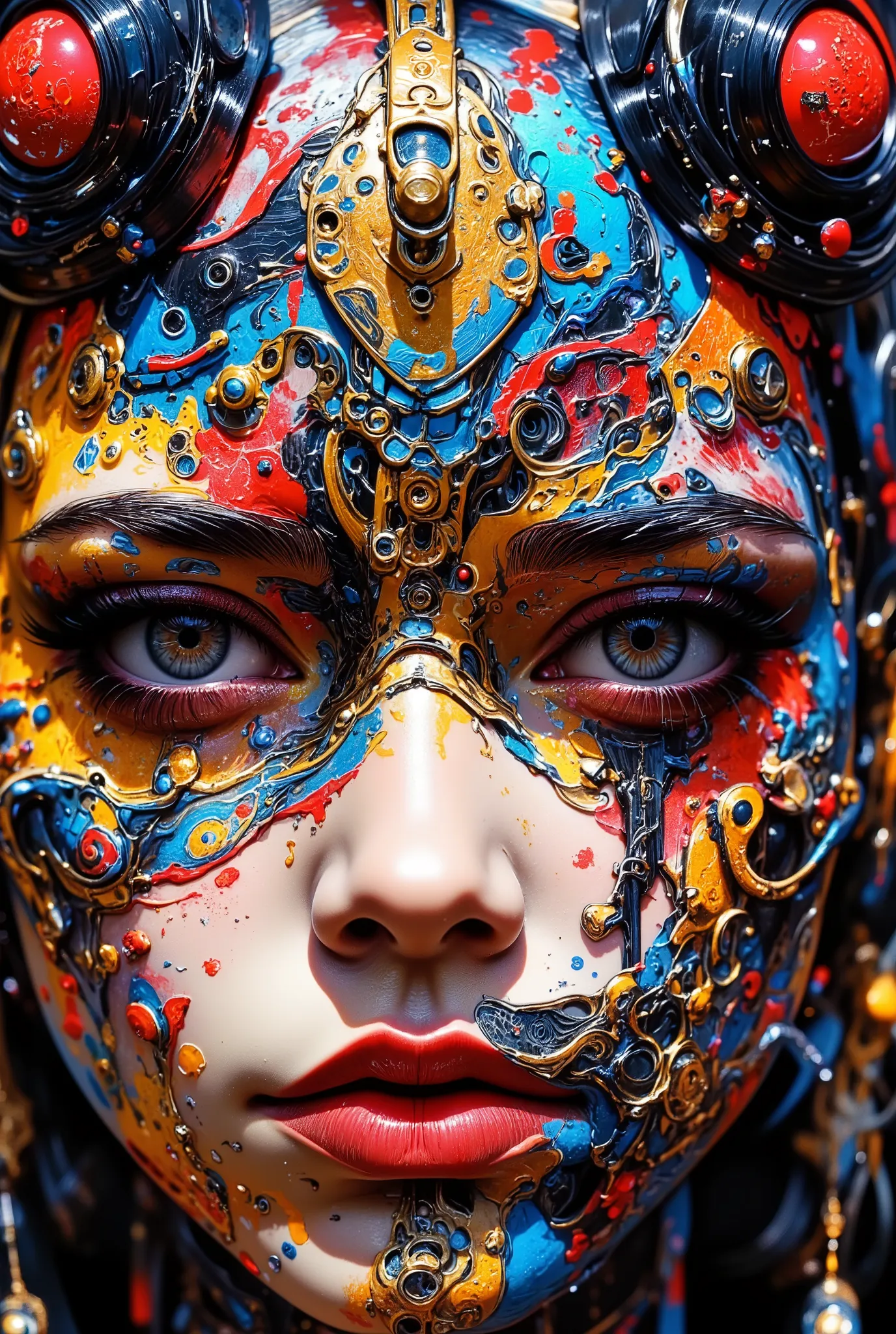 Style by Hans Giger, Alfred Kubin, Cyber Gothic, Close-up of a stunning cyber Gothic priestess,superposition, romanticism, art deco, blank stare, wind, Noise, anxiety, colorful, intricate details, professional photo shoot, bright colors, chiaroscuro painti...