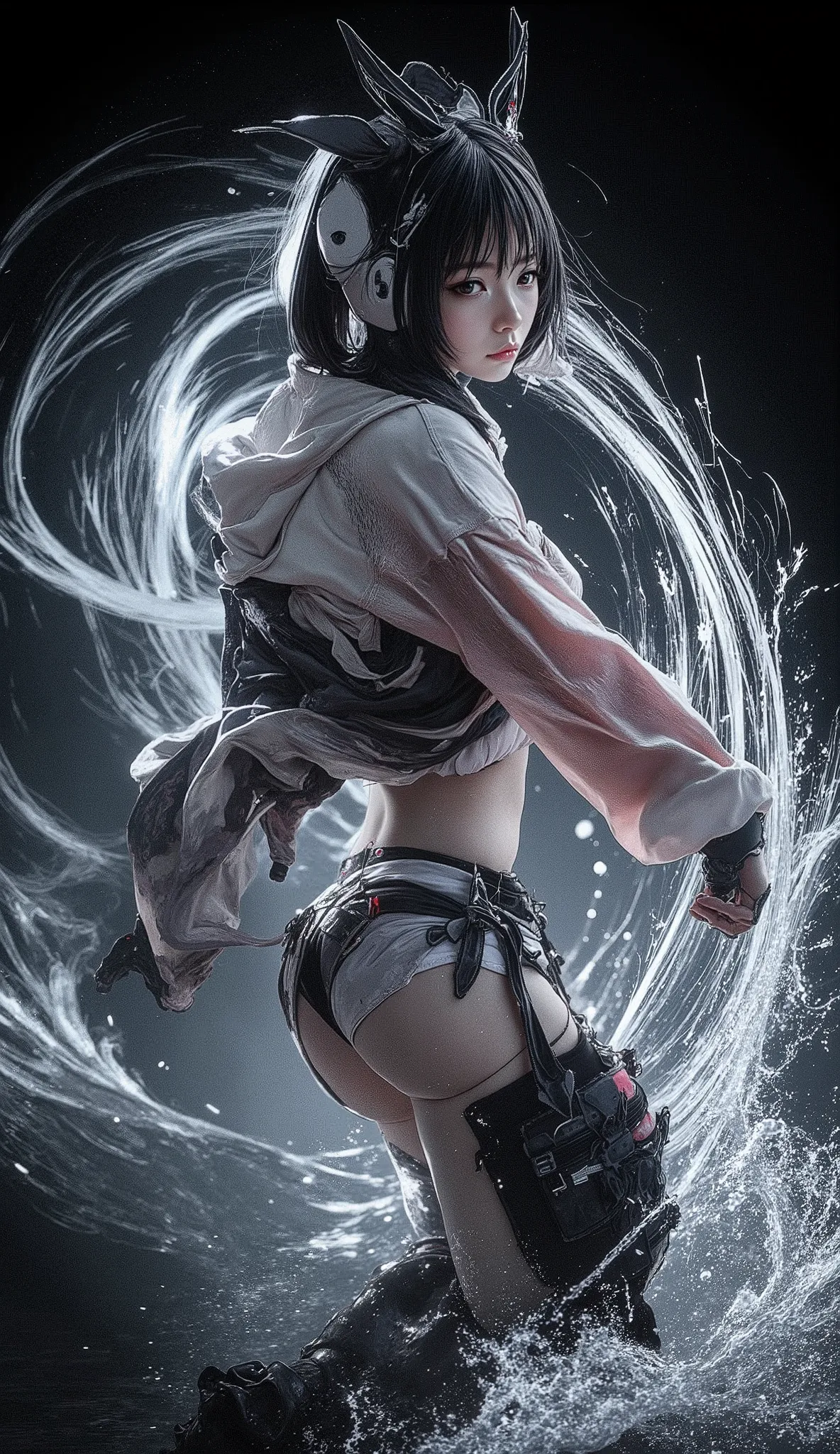 A breathtaking Japanese-style female samurai stands poised above a shallow, rippling water surface. Captured from a dynamic Dutch-angle side-upward perspective, the image emphasizes motion and tension. She assumes a focused iaido stance, preparing a powerf...