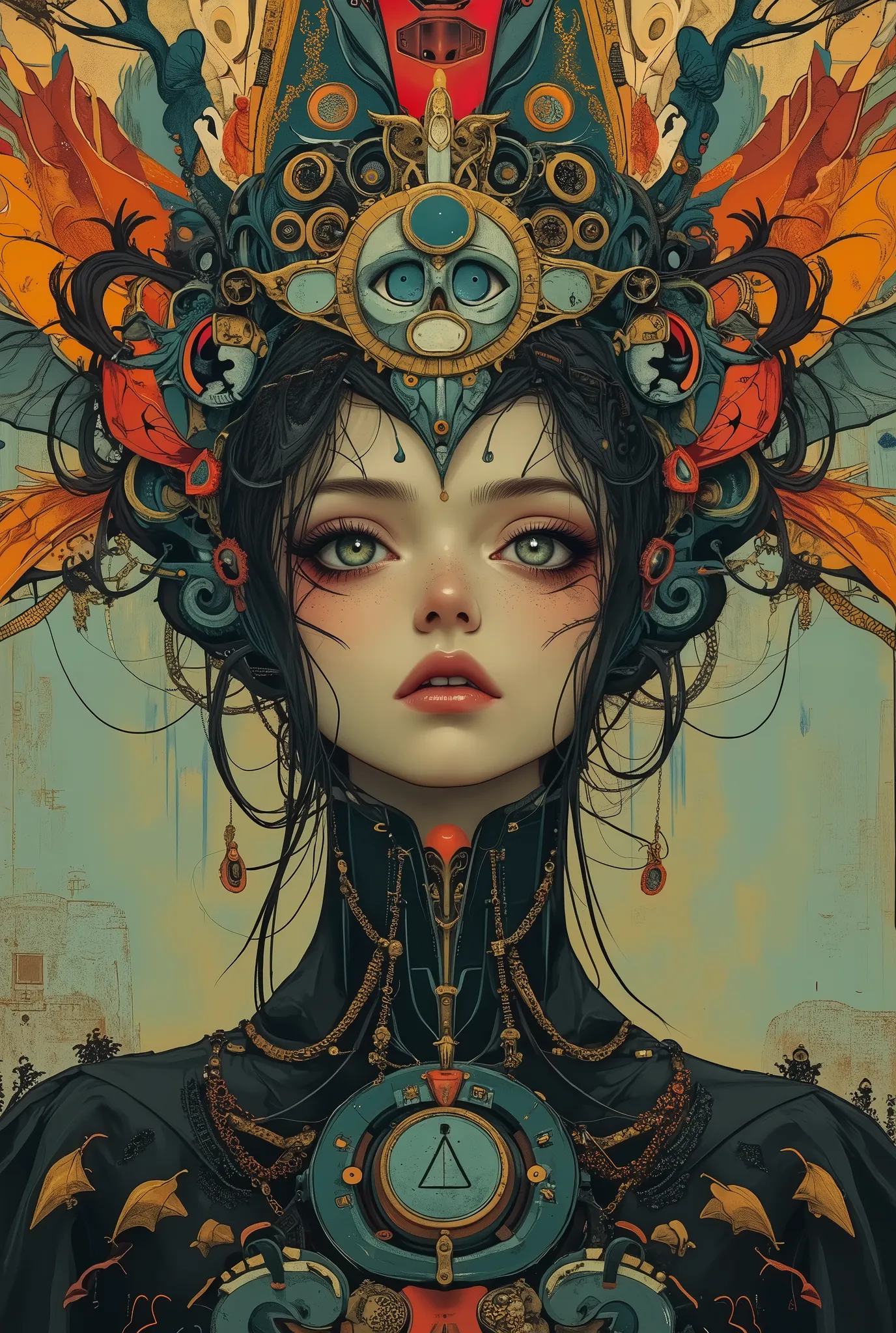 Style by Hans Giger, Alfred Kubin, Cyber Gothic, Close-up of a stunning cyber Gothic priestess,superposition, romanticism, art deco, blank stare, wind, Noise, anxiety, colorful, intricate details, professional photo shoot, bright colors, chiaroscuro painti...