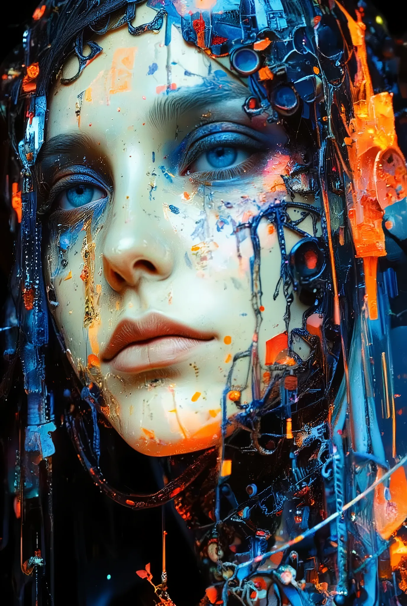 Style by Hans Giger, Alfred Kubin, Cyber-Gothic, Close-up of a stunning cyber gothic priestess,superposition, Romanticism, Art deco, blank gaze, wind, Noise, alarm, Colorful, intricate details, professional photo shoot, bright colors, chiaroscuro painting,...