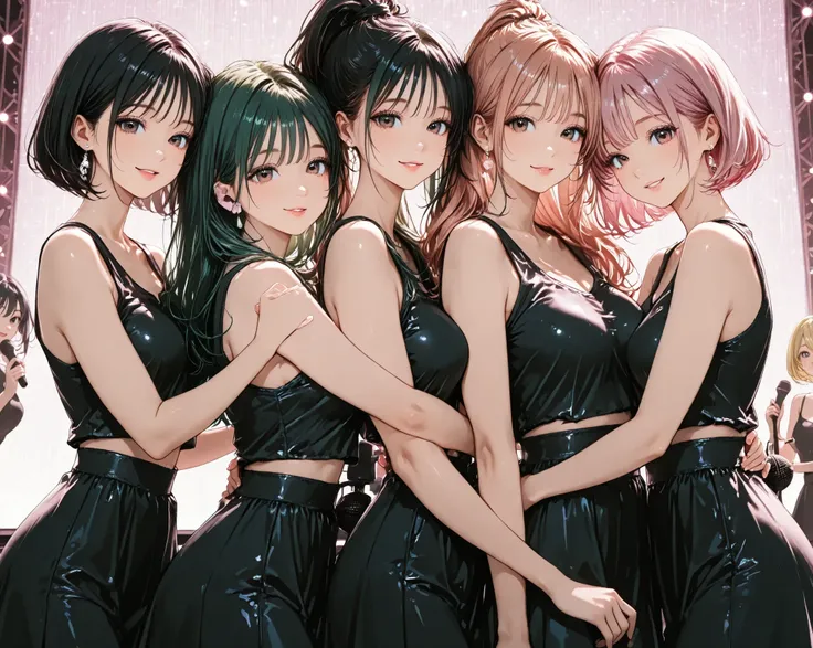 ((4girls)) ,(close up),hold hand, hug each other tight ,long hair,high ponytail,short bob hair,looking viewer,black Hair, blond hair,green hair,pink hair,((glamorous)), black tank top,mini black skirt, clear makeup, sing with a microphone, Live venues