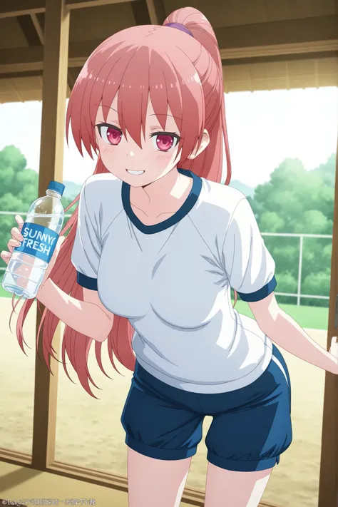 Tsukasa yuzaki, anime girl, sporty ponytail, wearing japanese school gym uniform, short navy bloomers, holding out a water bottle toward viewer, leaning forward, smiling gently, outdoor sunny background, soft lighting, cute and fresh vibe, baju basah penuh...