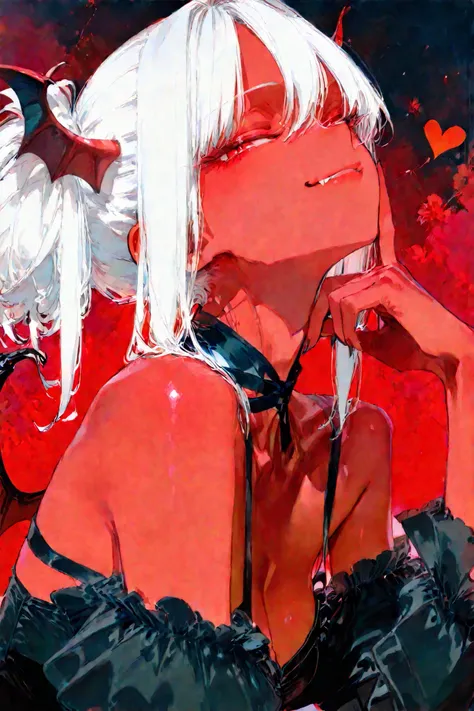 Cute, flirty, succubus, white hair, slightly red skin, heavy shading, photo realistic, 4k, smooth, red skin, black clothes, plain color background, smirk with red eyes, highly detail, 