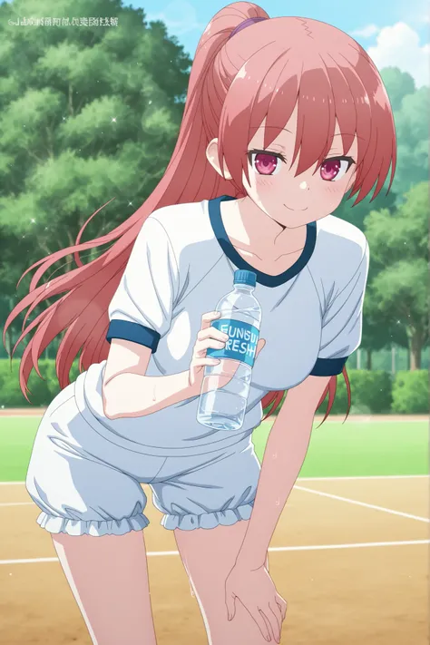 Tsukasa yuzaki, anime girl, sporty ponytail, wearing japanese school gym uniform, short navy bloomers, holding out a water bottle toward viewer, leaning forward, smiling gently, outdoor sunny background, soft lighting, cute and fresh vibe, baju basah penuh...