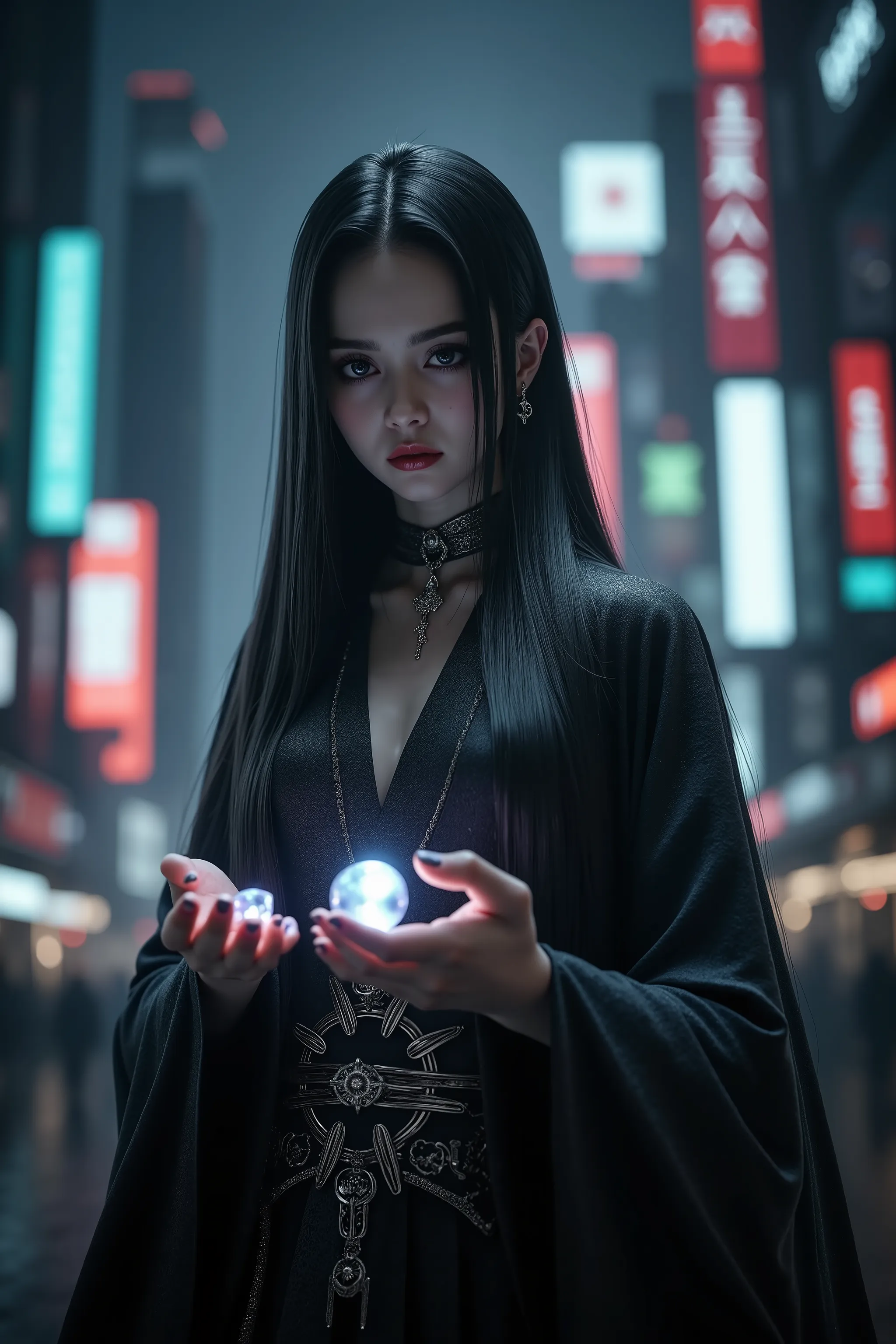 Ultra-realistic, Cyber city, far in the future. A 2000-year-old shrine maiden with extremely intense eyes and long black hair has glowing magic stones illuminated in her hands on a dark city night,the buzz of a cybercity all around her,chaotic futuristic a...
