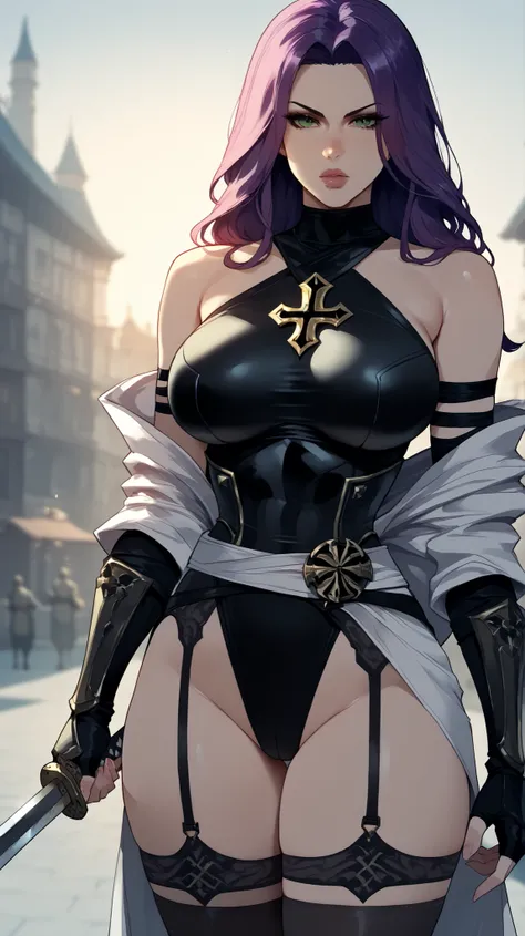psylocke, light green eyes glossy lips, long hair, purple hair, black shirt, black armour with gold trim , multicolored shirt, steel plate, leotard, fingerless gloves, black elbow gloves, garter straps, bare shoulders, white belt, white belt, black thighhi...