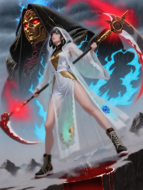 (masterpiece, best quality, 32k, hyperrealistic, photorealistic, cinematic, epic composition, dynamic pose:1.2), 1girl, solo, celestial fairy, cold demeanor, (defiant stance:1.2),
(Kunlun Mountain summit:1.3), heavy storm, torrential downpour, (dark thunde...