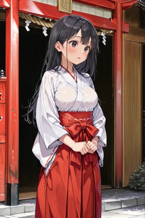 red hakama,miko,jyojifuku,A woman dressed as a shrine maiden long black hair make your whole body visible Roll up the hakama M-letter opening Women are feeling sexually