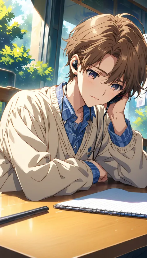 Brown-haired teenager,Looking for a moment of tranquility in an afternoon cafe or natural space,Coffee and cake on table,Preppy style,Creamy face,notebook、Simple stationery、earphone, male,anime illustration,The angle of view of the lens is up and down