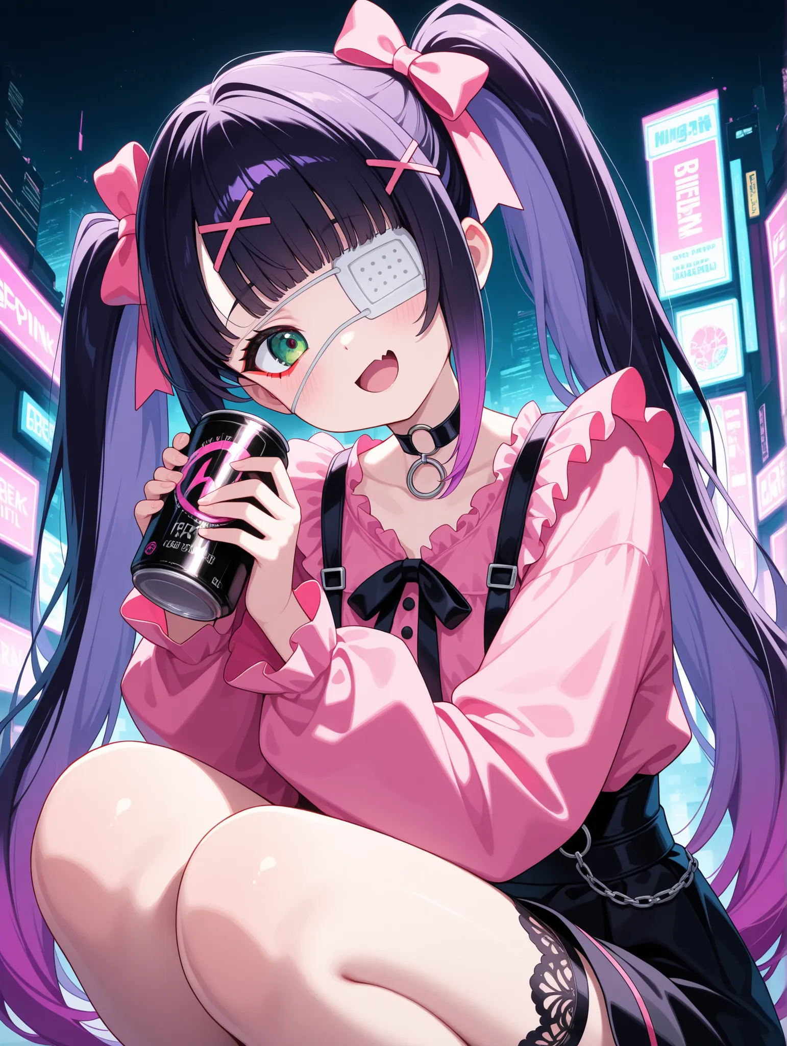 1girl,solo,(twin tails),black hair,purple hair,gradation hair,Very Long Hair,Home Cut,skin fang,Close,GREEN EYE,O ring choker,x Hair Ornament,hair accessories,medical eye patch
,  BREAK Pink Ruffle Blouse  ,black suspender skirt,ribbon,black lace detail,Pi...