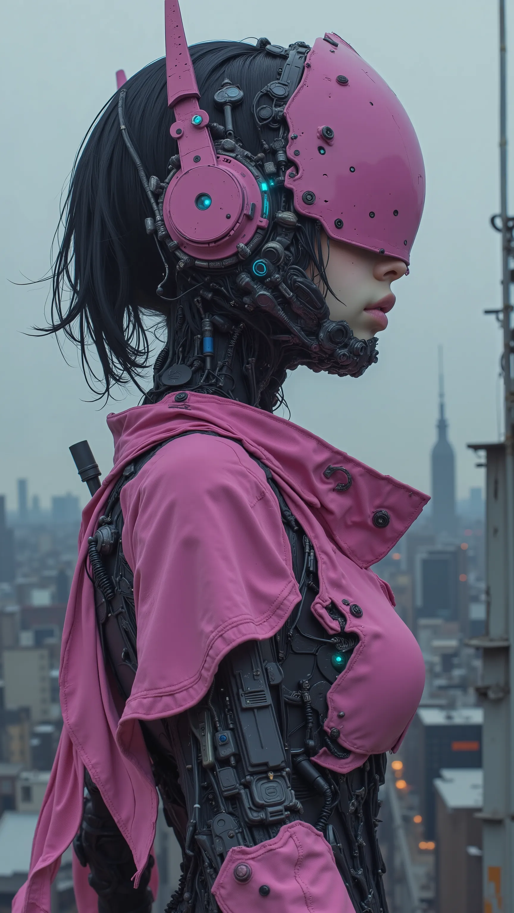 Stylized Characters, Pink,Futuristic Armor Suit, Teal, Purple, 大胆なPinkのアクセント, polished,slim design,visor,Opaque Face Shield,angular shoulders,4K,high resolution,realistic,Photo Real,Professional,vivid color,Bokeh Effect