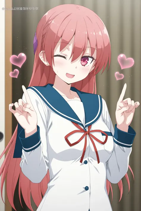 Tsukasa yuzaki, finger hands heart pose, wink , smile open mouth, 