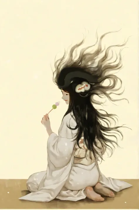 *"A surreal and elegant depiction of the Japanese yokai Futakuchi-onna, seen fully from behind as she sits in seiza (traditional kneeling posture) on a flat surface. The background is a minimalist beige gradient, smooth and textureless, designed to focus e...