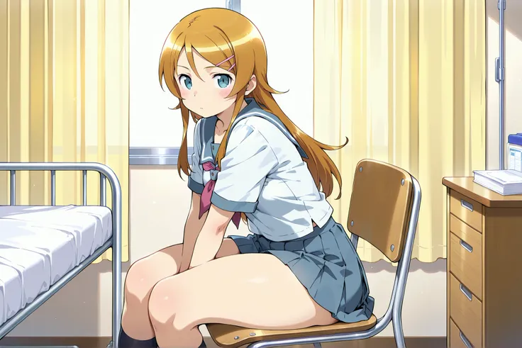 1girl,kousaka kirino, serafuku, blue pleated skirt,short sleeves, red neckerchief,black socks,expressionless,thick thighs,infirmary,sitting on chair,looking at viewer