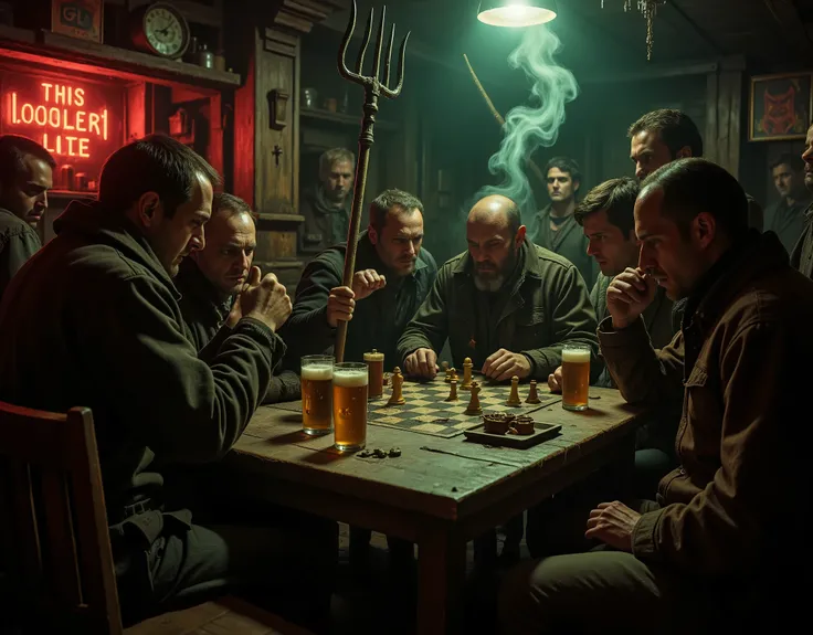 Peasant men in a tavern in remote Eastern Europe, the Balkans, they are holding pitchforks and look suspicious and angry as two men play chess. on the table is beer, cigarettes, sausage, rye bread, volumetric lighting, classic horror comic aesthetic, muted...