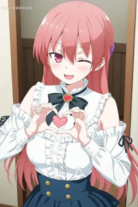Tsukasa yuzaki, white blouse with frilly shoulders, black ribbon bow tie, high-waist skirt with gold buttons, making a heart shape with both hands, winking, smile open mouth