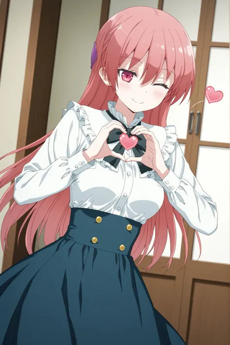Tsukasa yuzaki, white blouse with frilly shoulders, black ribbon bow tie, high-waist skirt with gold buttons, making a heart shape with both hands, winking, smiling