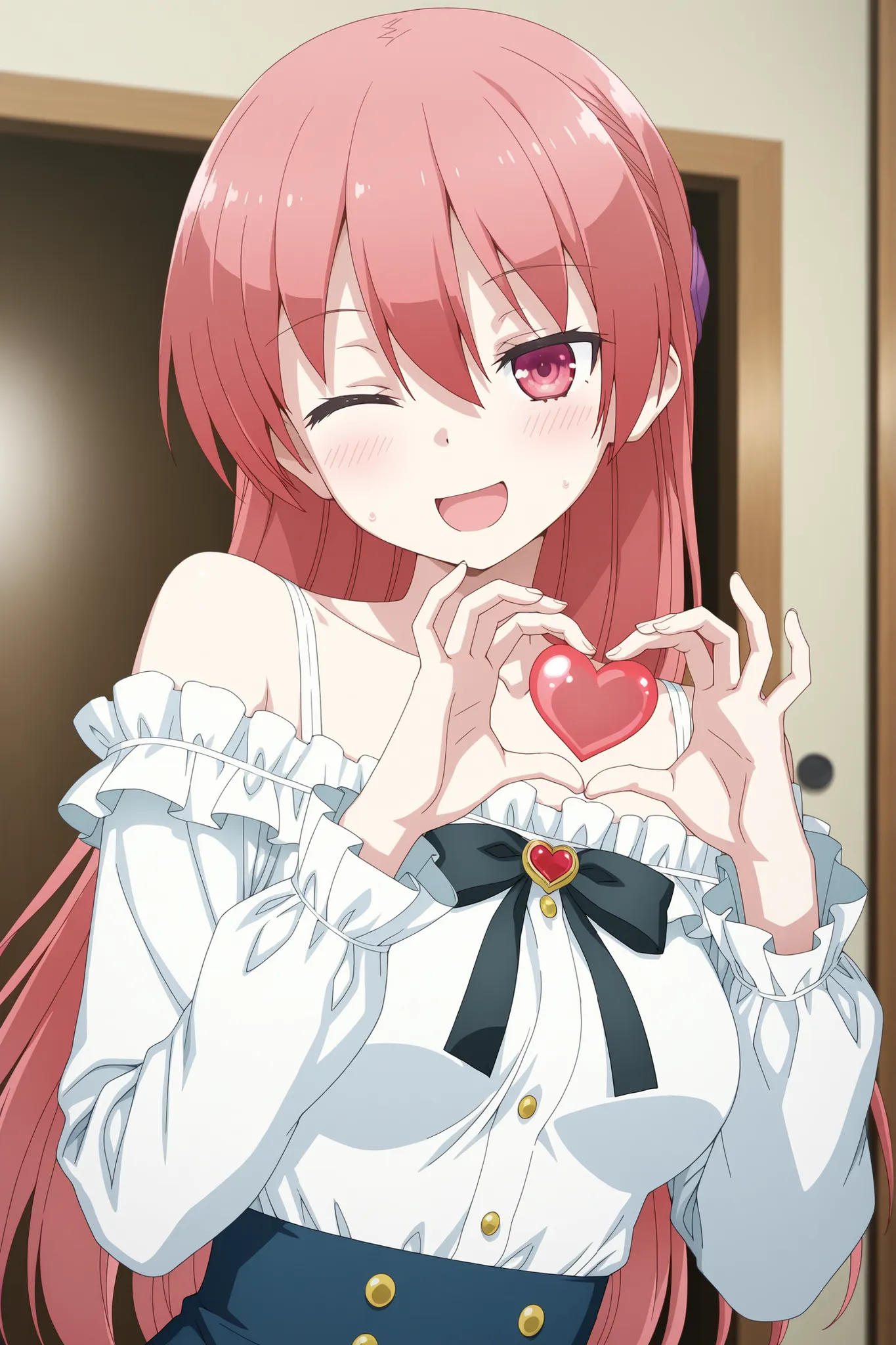Tsukasa yuzaki, white blouse with frilly shoulders, black ribbon bow tie, high-waist skirt with gold buttons, making a heart shape with both hands, winking, smiling open mouth