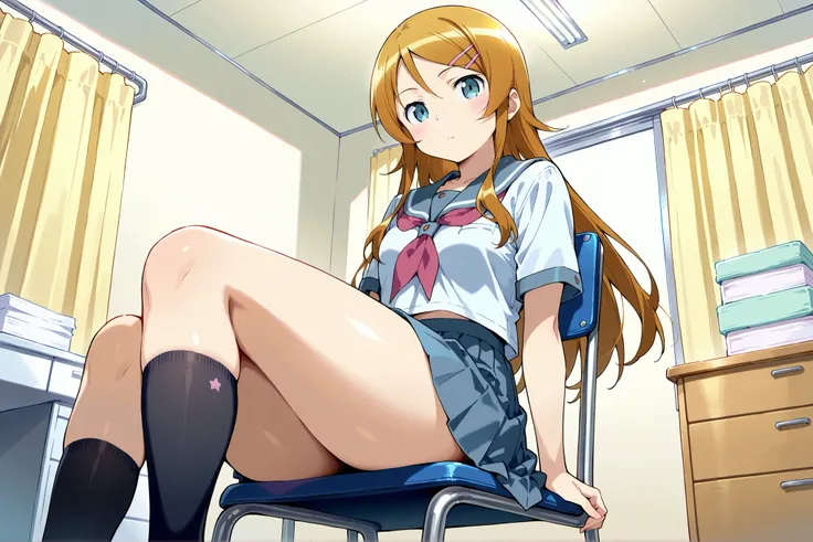 1girl,kousaka kirino, serafuku, blue pleated skirt,short sleeves, red neckerchief,black socks,expressionless,thick thighs,infirmary,sitting on chair,looking at viewer