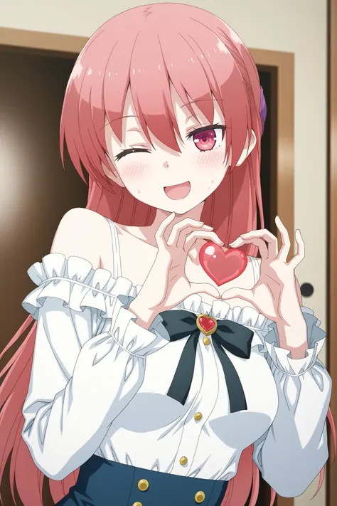 Tsukasa yuzaki, white blouse with frilly shoulders, black ribbon bow tie, high-waist skirt with gold buttons, making a heart shape with both hands, winking, smiling open mouth, detail hands