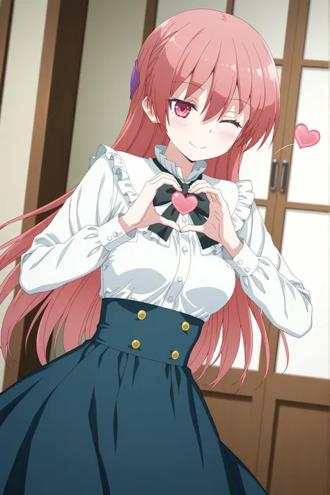 Tsukasa yuzaki, white blouse with frilly shoulders, black ribbon bow tie, high-waist skirt with gold buttons, making a heart shape with both hands, winking, smiling