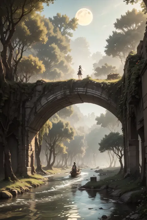 The Eldoria River flows slowly and majestically on a full moon night, reflecting an unreal silver light. Its waters wind through enchanted forests with branches intertwined like natural cathedrals, and the ruins of forgotten cities, half-submerged and cove...