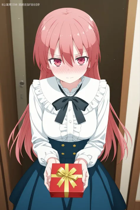 Tsukasa yuzaki, white blouse with frilly shoulders, black ribbon bow tie, high-waist skirt with gold buttons, holding a gift box with both hands, looking up shyly, blushing