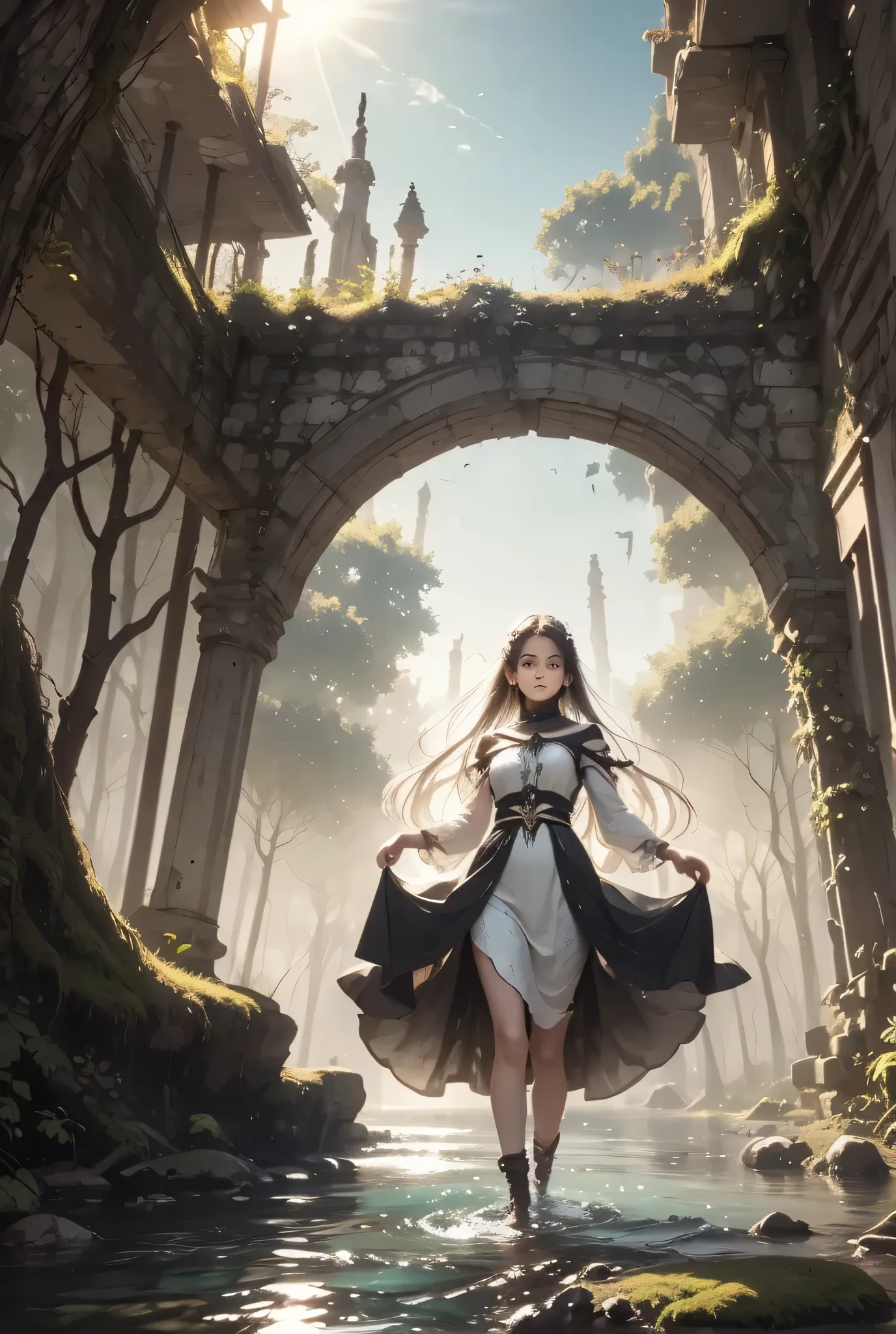 The Eldoria River flows slowly and majestically on a full moon night, reflecting an unreal silver light. Its waters wind through enchanted forests with branches intertwined like natural cathedrals, and the ruins of forgotten cities, half-submerged and cove...