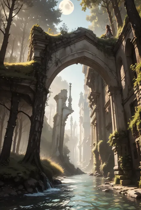 The Eldoria River flows slowly and majestically on a full moon night, reflecting an unreal silver light. Its waters wind through enchanted forests with branches intertwined like natural cathedrals, and the ruins of forgotten cities, half-submerged and cove...
